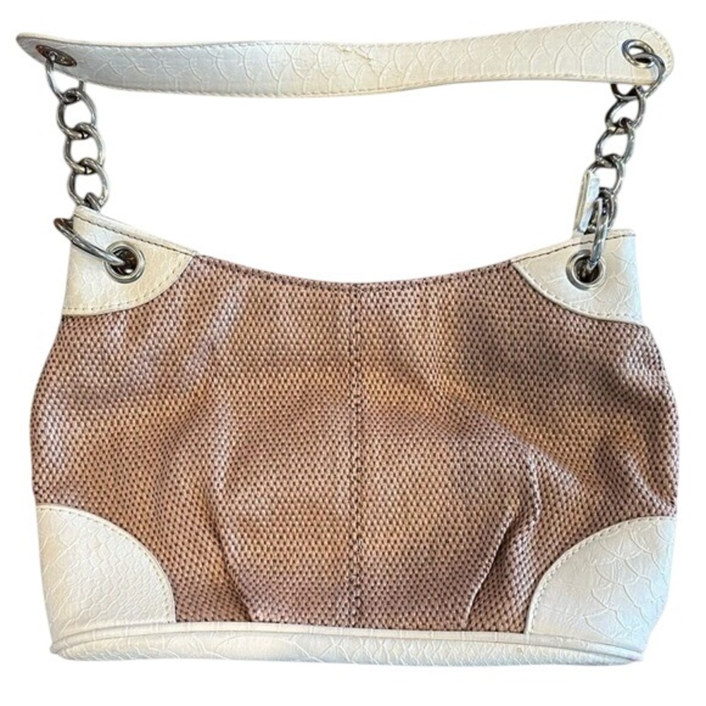 Woven Hobo Bag White Faux Leather Trim Chain Strap Purse Handbag